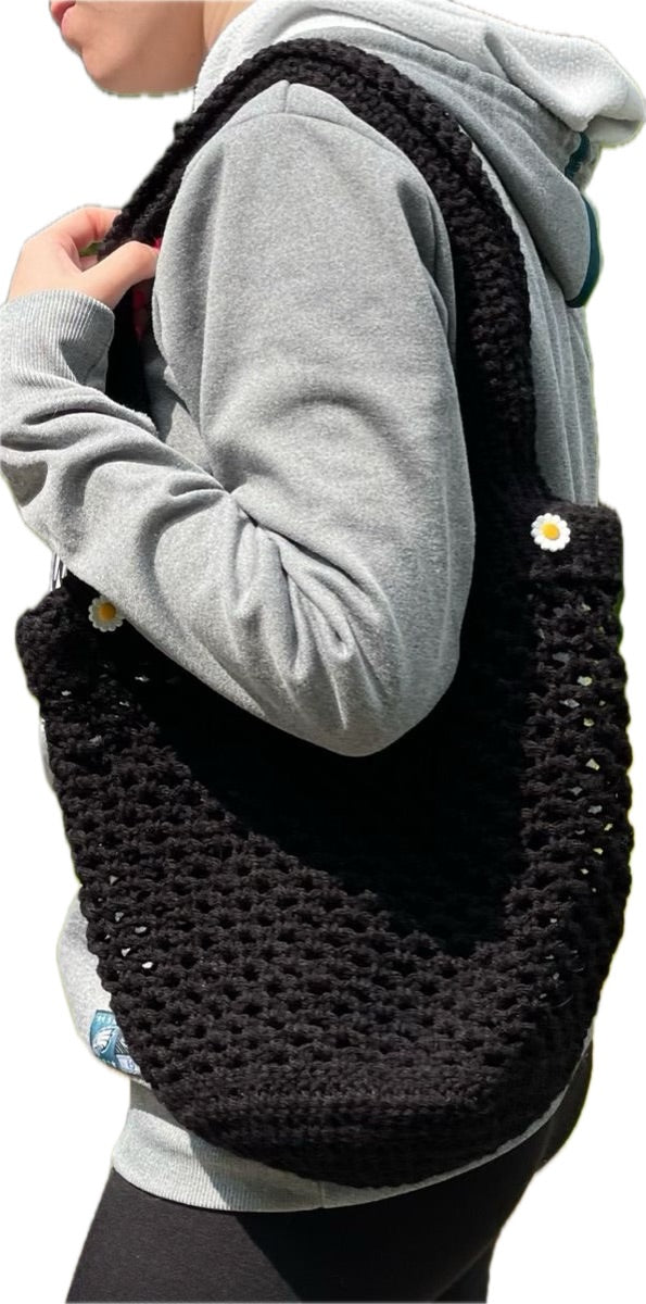 Black Daisy Crochet Market Bag